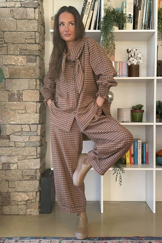 Donald Plaid Brushed Cotton Neckerchief Blouse Rust